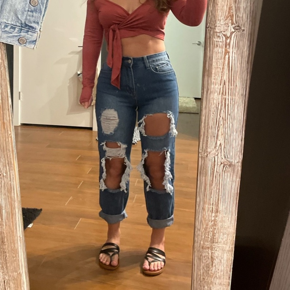 SHEIN Blue Ripped Boyfriend Jeans